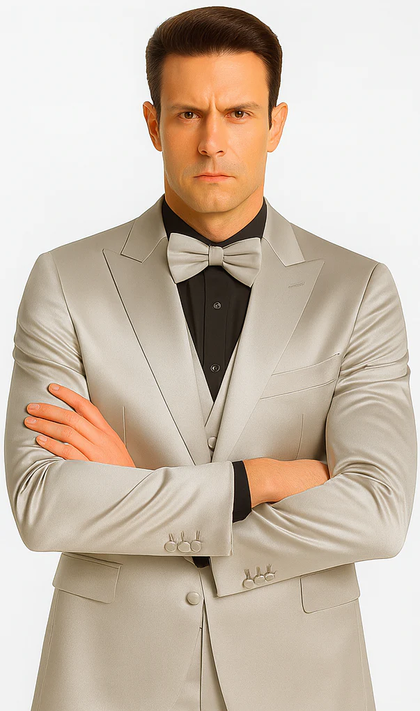 Silver Satin Double Breasted Peak Lapel 3 Piece Skinny Fit Tazzio Men's Suit with Matching Bowtie - Image 6