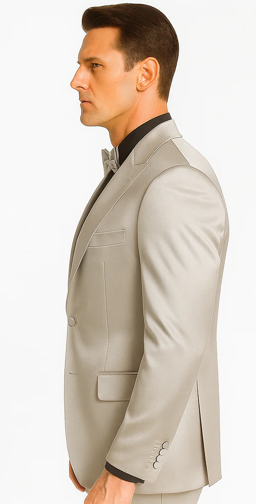 Silver Satin Double Breasted Peak Lapel 3 Piece Skinny Fit Tazzio Men's Suit with Matching Bowtie - Image 7