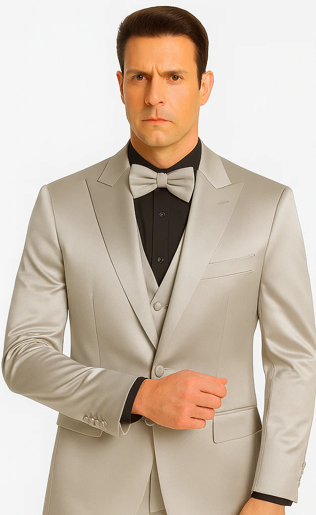 Silver Satin Double Breasted Peak Lapel 3 Piece Skinny Fit Tazzio Men's Suit with Matching Bowtie - Image 8