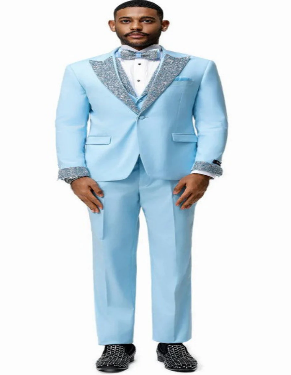 Sky Blue Prom Tuxedo - Perfect Wedding Suit Vested Rhinestone sequin Lapelled - Image 3