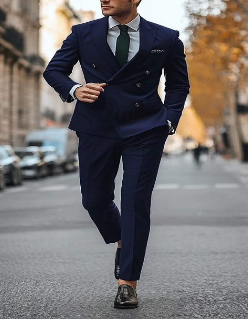 Slim Fit Double Breasted Suit Gold Buttons - Navy Suit - Designer Wool Suits - Image 9