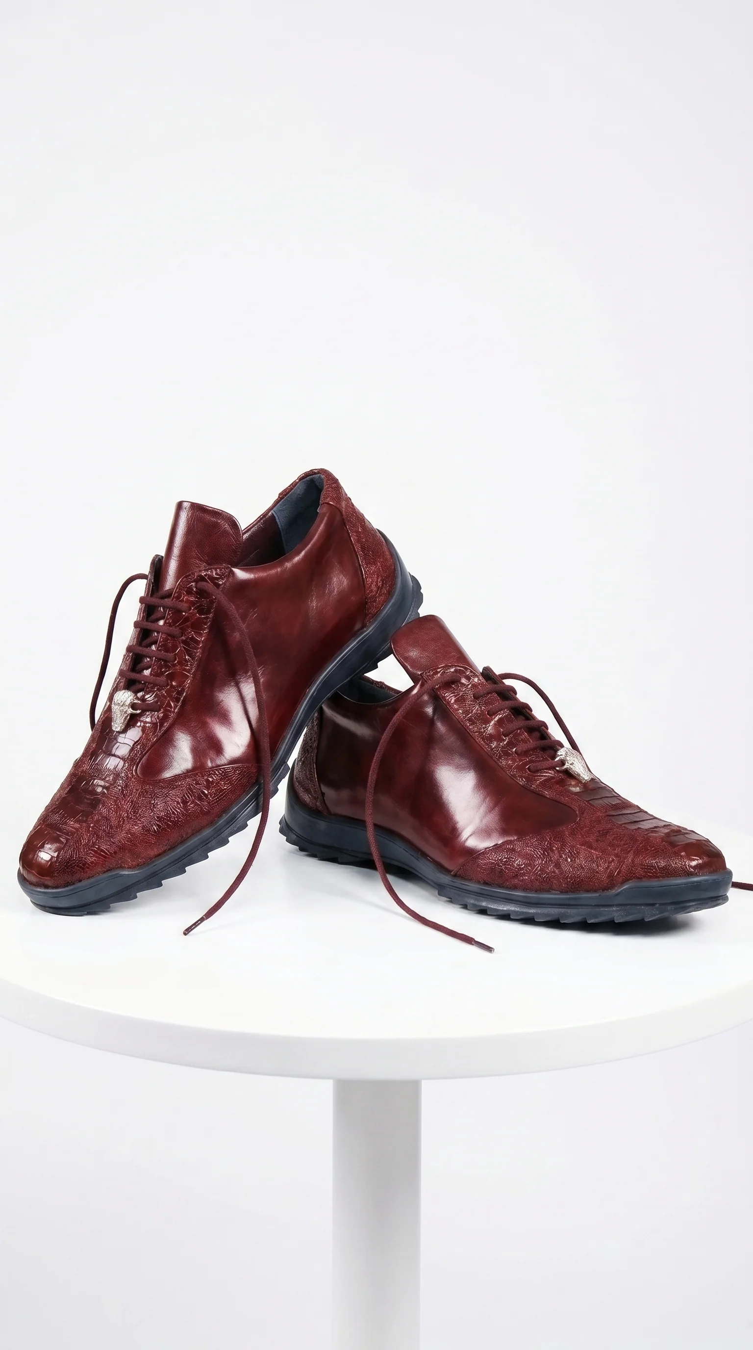 Men’s Wine Ostrich Leg Leather Sneakers with Lace Up Front, Exotic Casual Dress Shoes