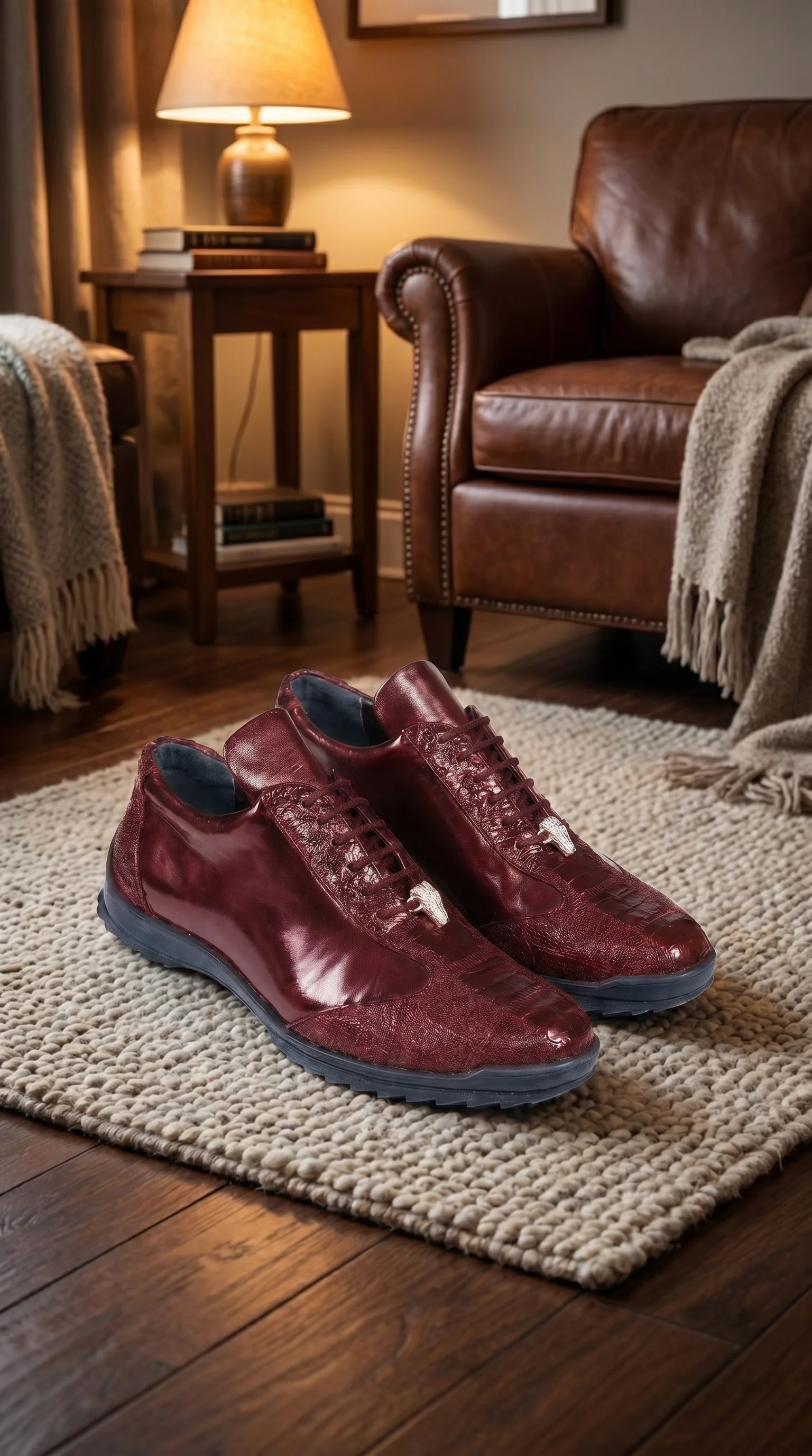 Men’s Wine Ostrich Leg Leather Sneakers with Lace Up Front, Exotic Casual Dress Shoes - Image 10