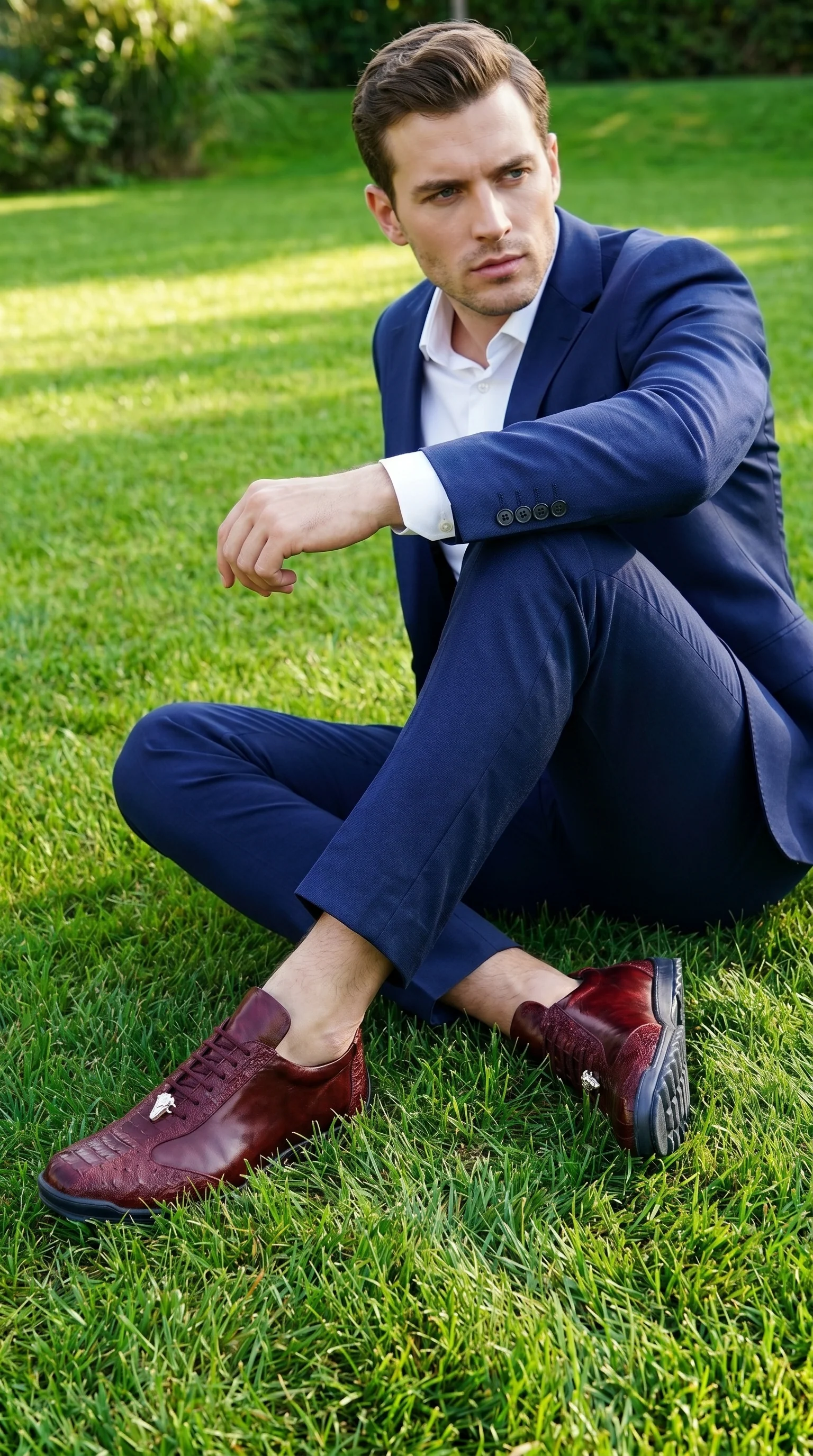 Men’s Wine Ostrich Leg Leather Sneakers with Lace Up Front, Exotic Casual Dress Shoes - Image 11