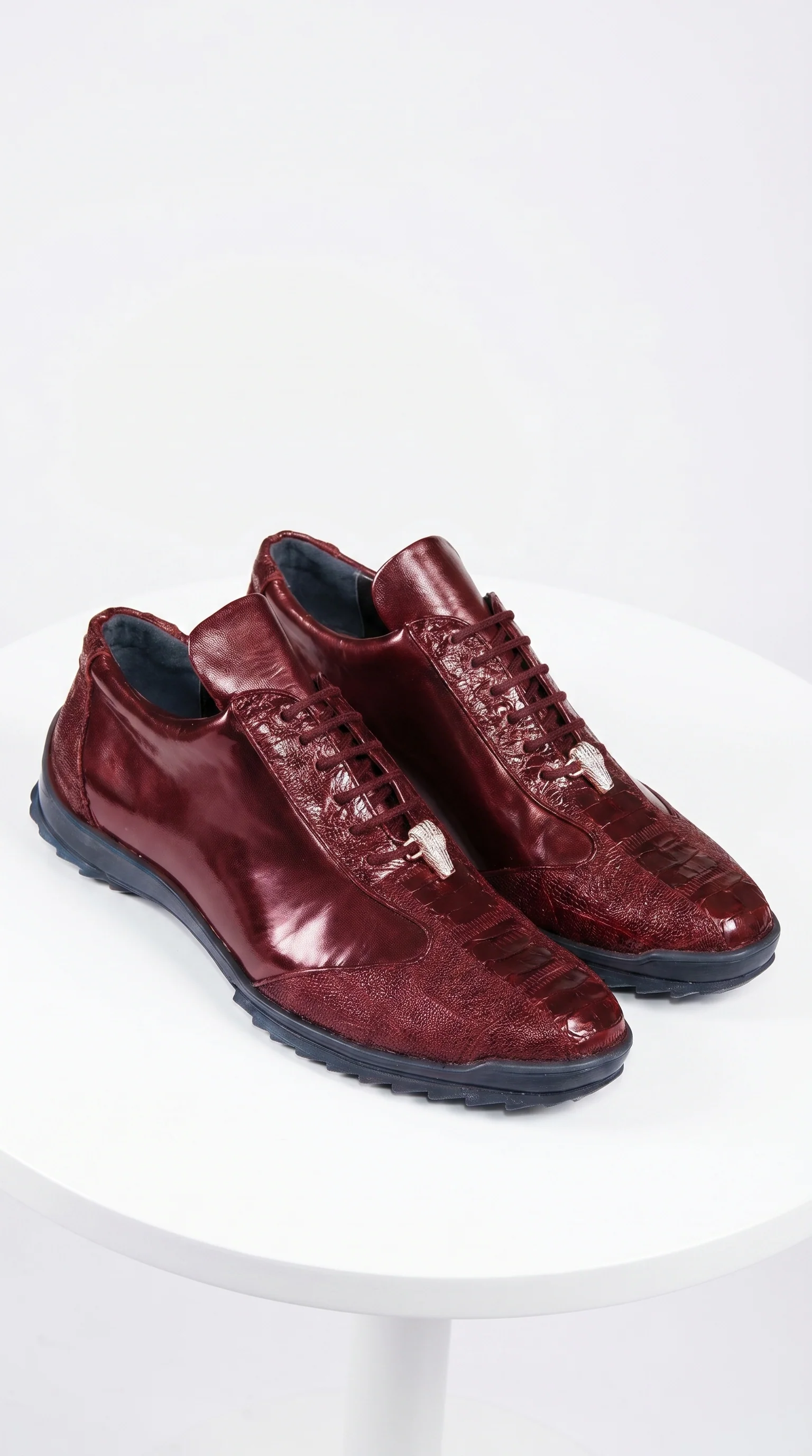 Men’s Wine Ostrich Leg Leather Sneakers with Lace Up Front, Exotic Casual Dress Shoes - Image 2