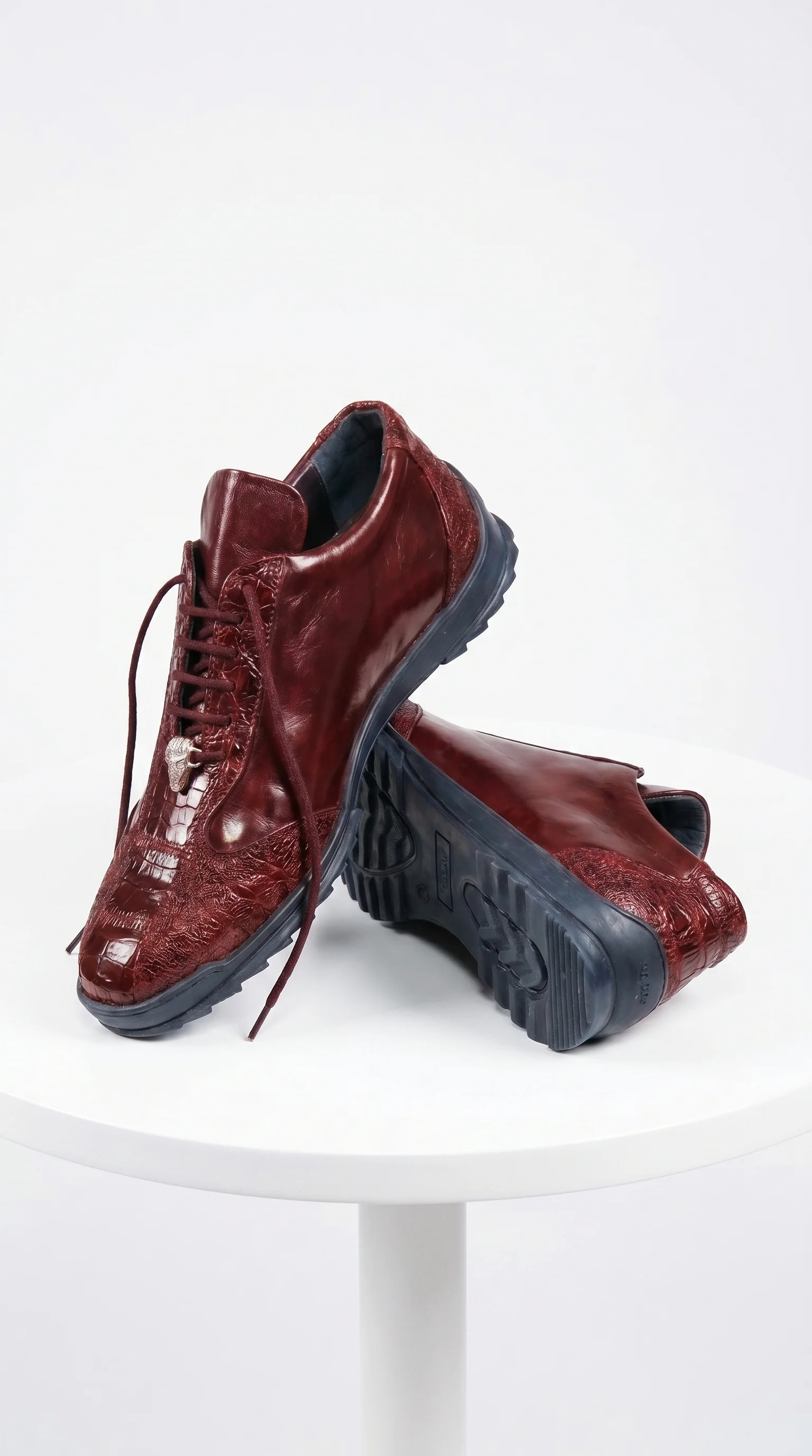 Men’s Wine Ostrich Leg Leather Sneakers with Lace Up Front, Exotic Casual Dress Shoes - Image 3