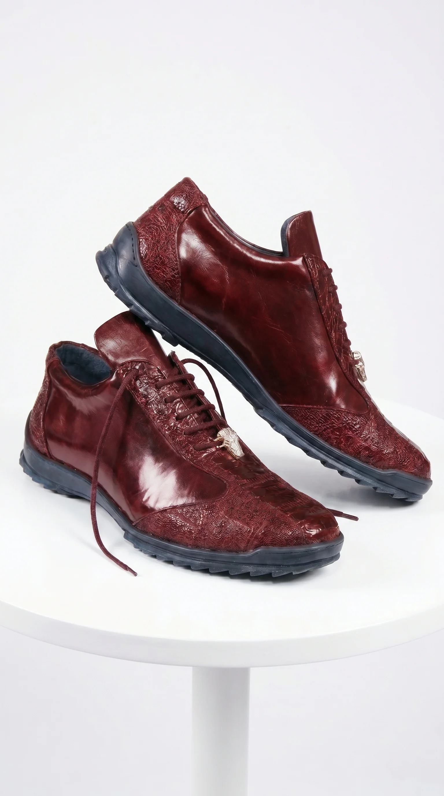 Men’s Wine Ostrich Leg Leather Sneakers with Lace Up Front, Exotic Casual Dress Shoes - Image 4