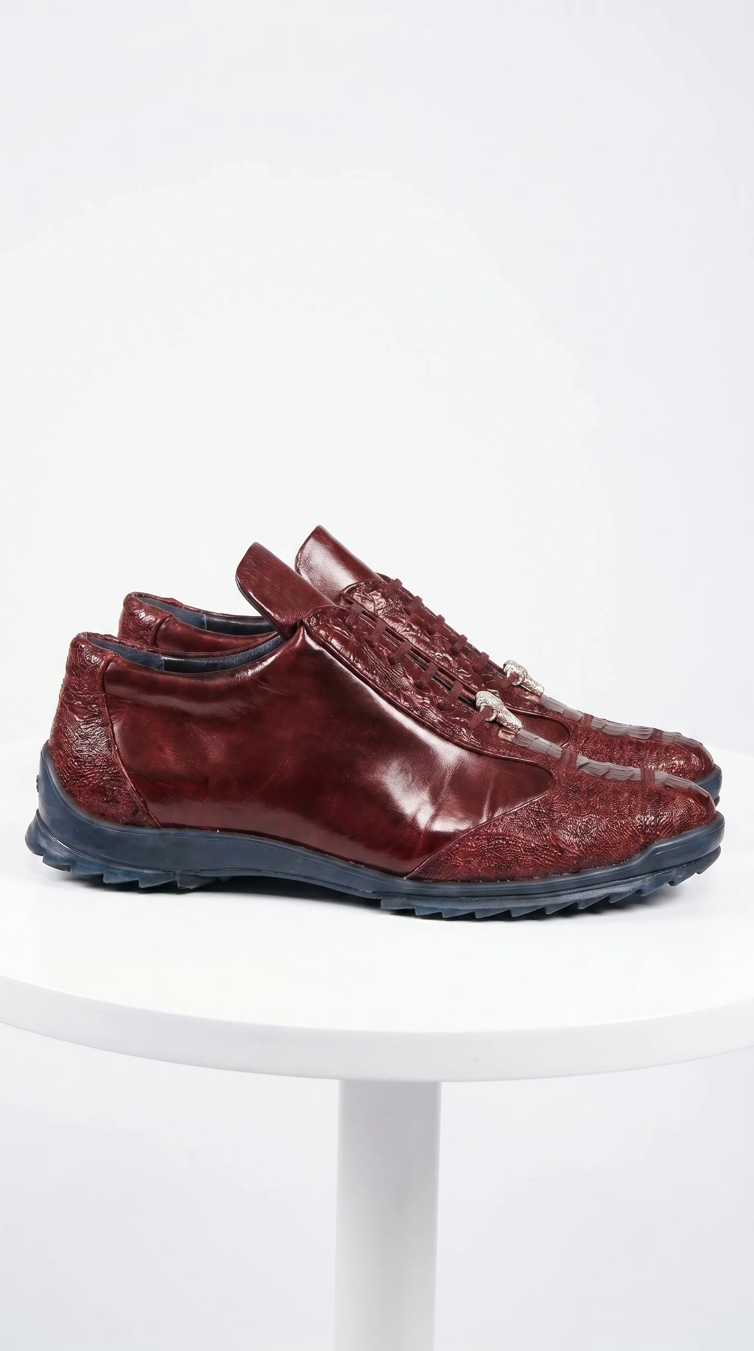 Men’s Wine Ostrich Leg Leather Sneakers with Lace Up Front, Exotic Casual Dress Shoes - Image 5