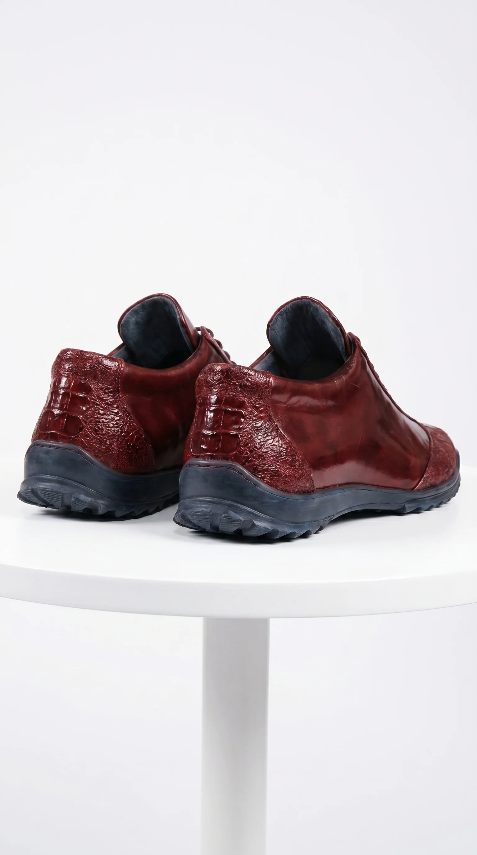 Men’s Wine Ostrich Leg Leather Sneakers with Lace Up Front, Exotic Casual Dress Shoes - Image 6