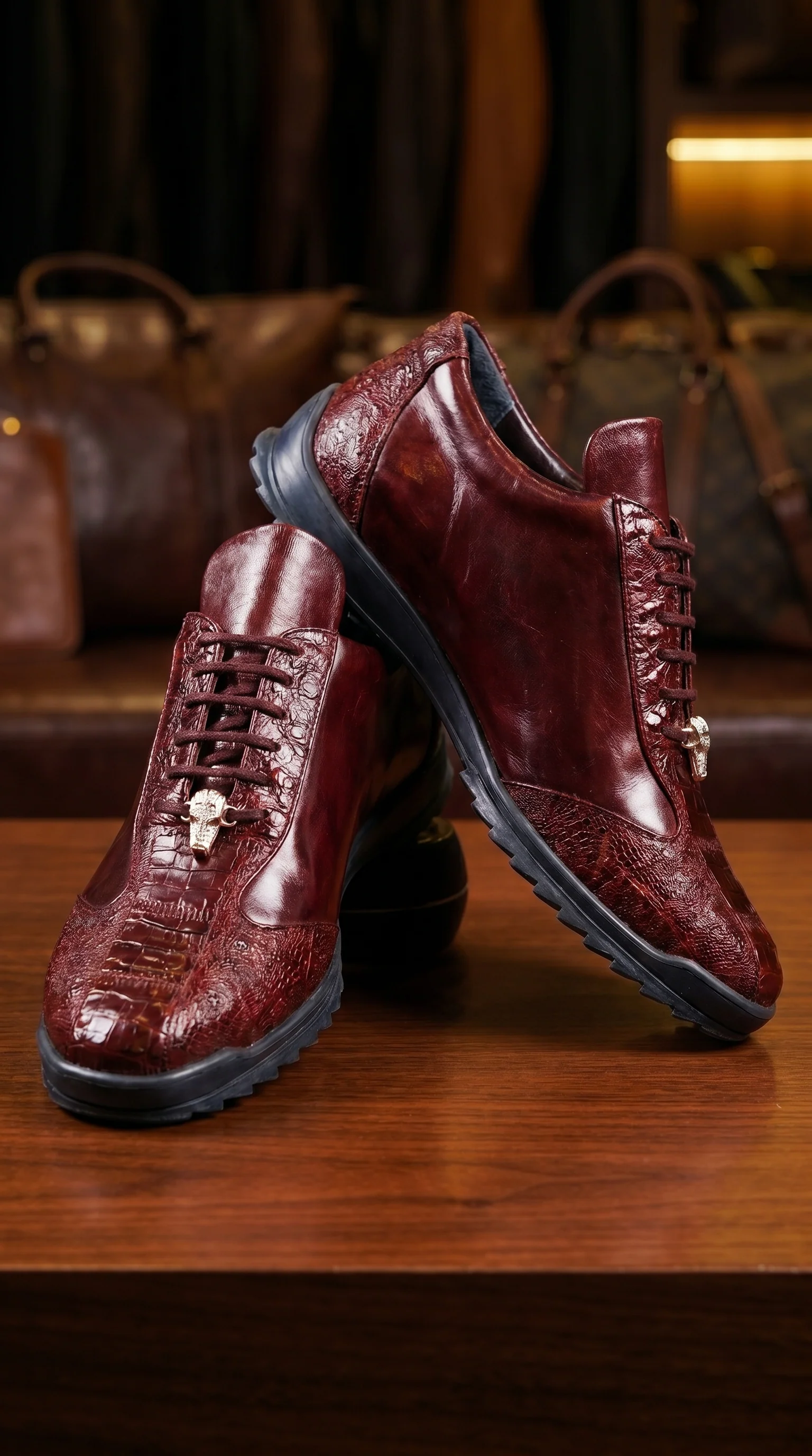 Men’s Wine Ostrich Leg Leather Sneakers with Lace Up Front, Exotic Casual Dress Shoes - Image 8