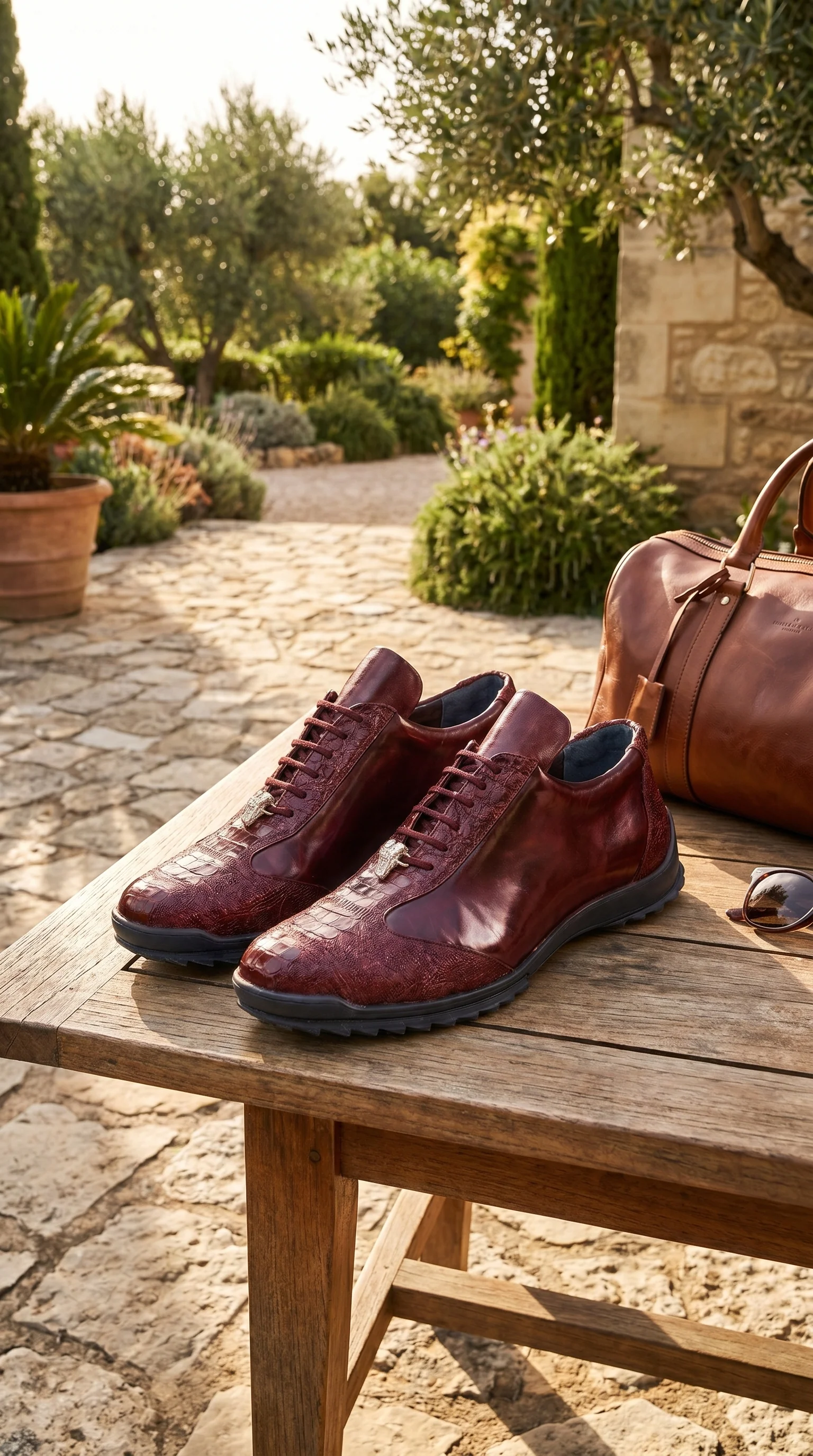 Men’s Wine Ostrich Leg Leather Sneakers with Lace Up Front, Exotic Casual Dress Shoes - Image 9
