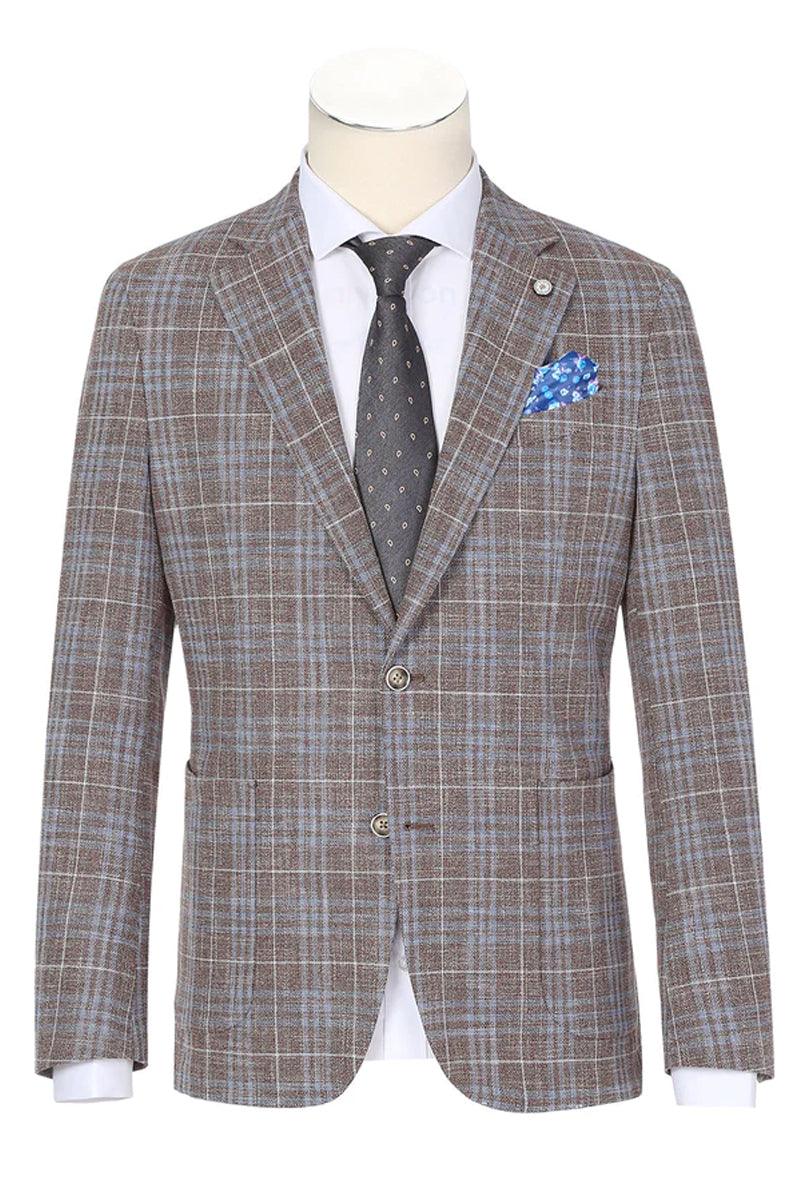 "Sophisticated Plaid Blazer for Prom and Wedding Elegance: Tan & Burgundy Slim Fit with Patch Pockets"
