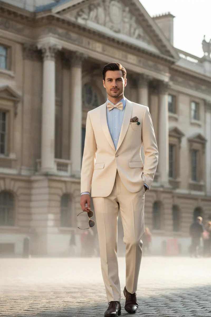 Spectrum Champagne Shawl Lapel Tuxedo – 3-Piece One Button Elegant Formal Suit - Image 2