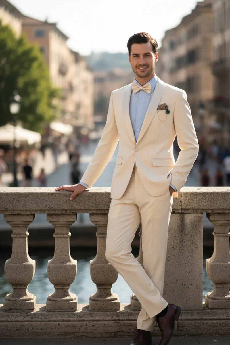 Spectrum Champagne Shawl Lapel Tuxedo – 3-Piece One Button Elegant Formal Suit - Image 3