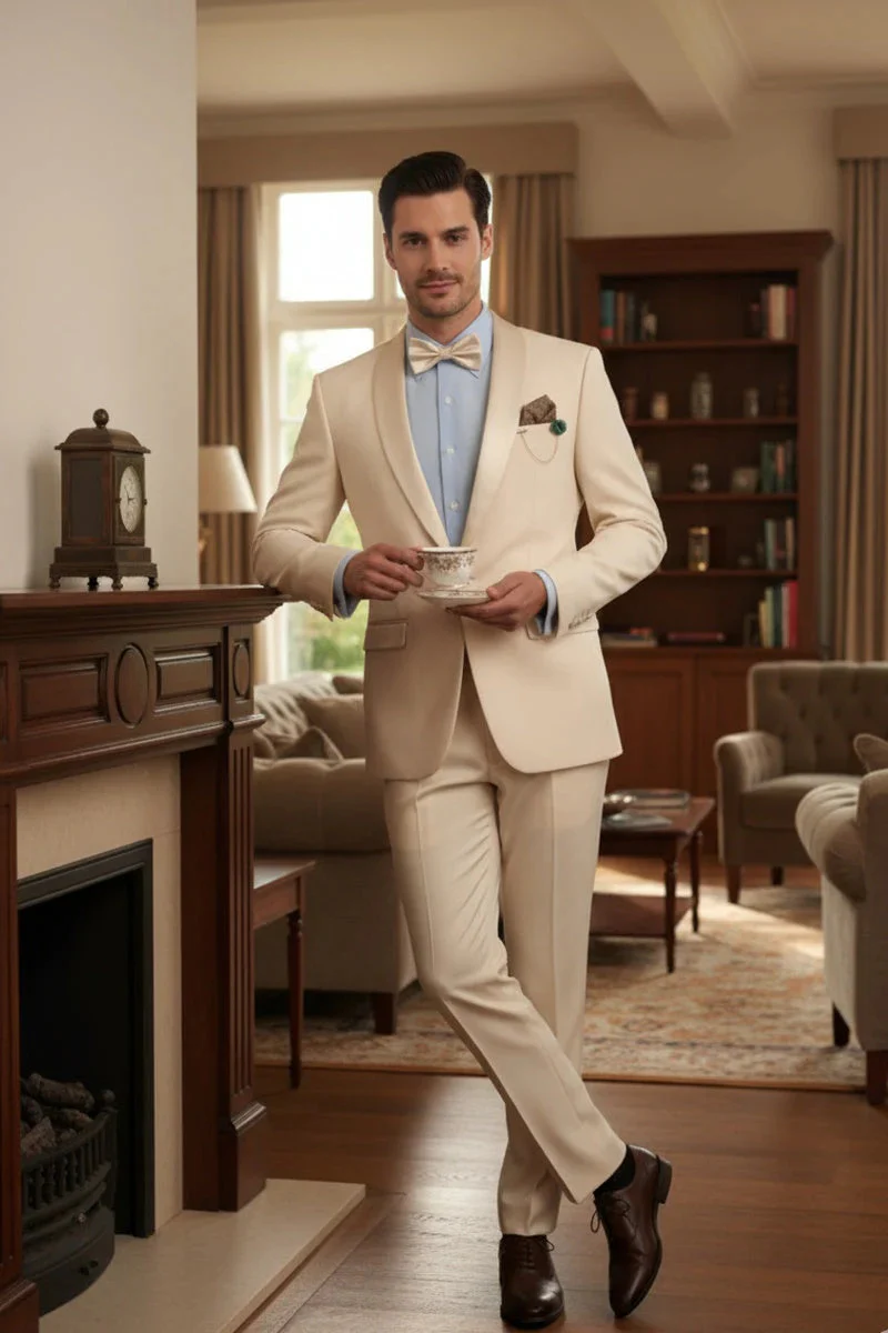 Spectrum Champagne Shawl Lapel Tuxedo – 3-Piece One Button Elegant Formal Suit - Image 8