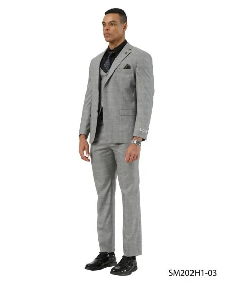 Stacy Adams Men's 3 Piece Hybrid Fit Suit - Subtle Windowpane Plaid