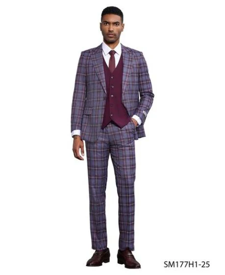 Stacy Adams Men's 3 Piece Plaid Hybrid Fit Suit - Accent Vest - Image 2