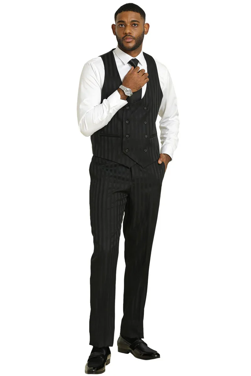 Stacy Adams Modern Fit Black Suit – Vested Tonal Shadow Pinstripe Style - Image 5