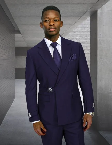 Statement Men's 2 Piece 100% Wool Modern Fit Double Breasted Suit - Metal Buckle - Image 3