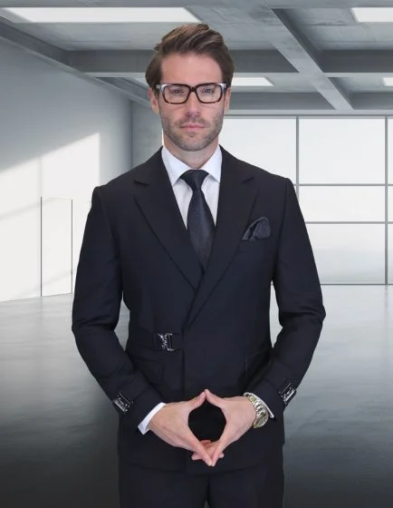Statement Men's 2 Piece 100% Wool Modern Fit Double Breasted Suit - Metal Buckle - Image 4