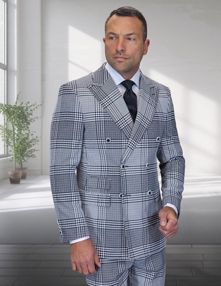 Statement Men's 2 Piece 100% Wool Modern Fit Double Breasted Suit - Plaid Pattern - Image 2