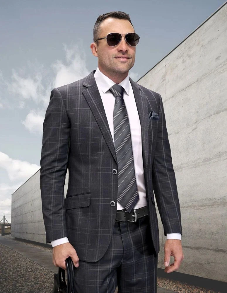 Statement Men's 2-Piece Big & Tall 100% Wool Fashion Suit – Layered Windowpane Pattern - Image 2