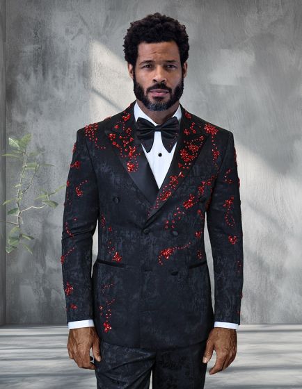 Statement Men's 2 Piece Modern Fit Double Breasted Tuxedo - Floral Rhinestone sequin Design - Image 2