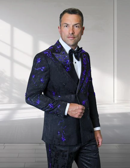 Statement Men's 2 Piece Modern Fit Double Breasted Tuxedo - Floral Rhinestone sequin Design - Image 3