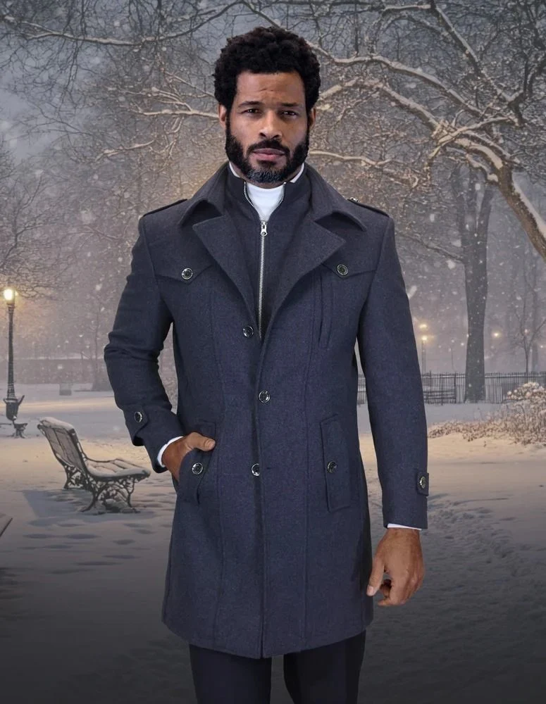 Statement Men's 3/4 Length 100% Wool Top Coat – Stylish Zipper