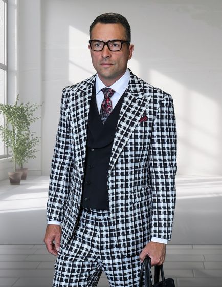 Statement Men's 3 Piece 100% Wool Fashion Suit - Unique Checker Pattern - Image 2