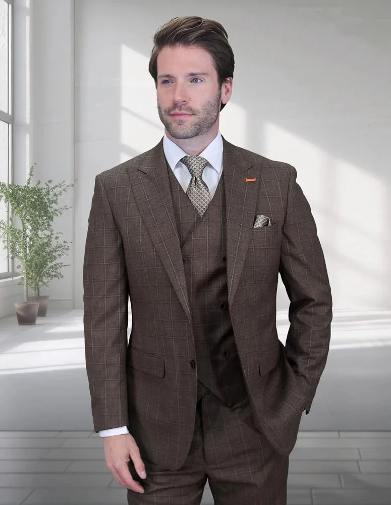 Statement Men's 3-Piece Modern Fit Suit – 100% Wool with V-Neck Double-Breasted Vest