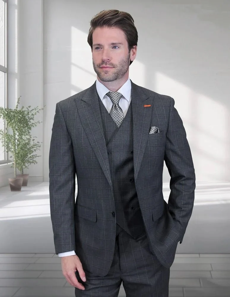 Statement Men's 3-Piece Modern Fit Suit – 100% Wool with V-Neck Double-Breasted Vest - Image 2