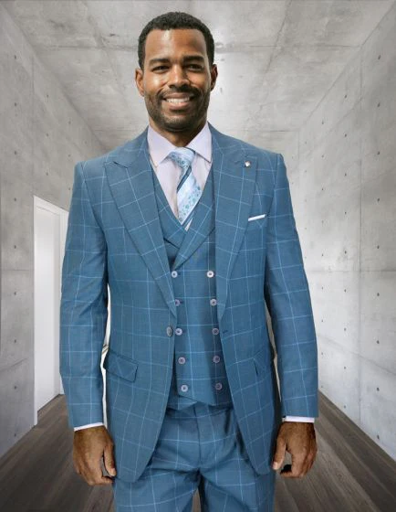 Statement Men's 3 Piece 100% Wool Wide Leg Suit- Solid Windowpane