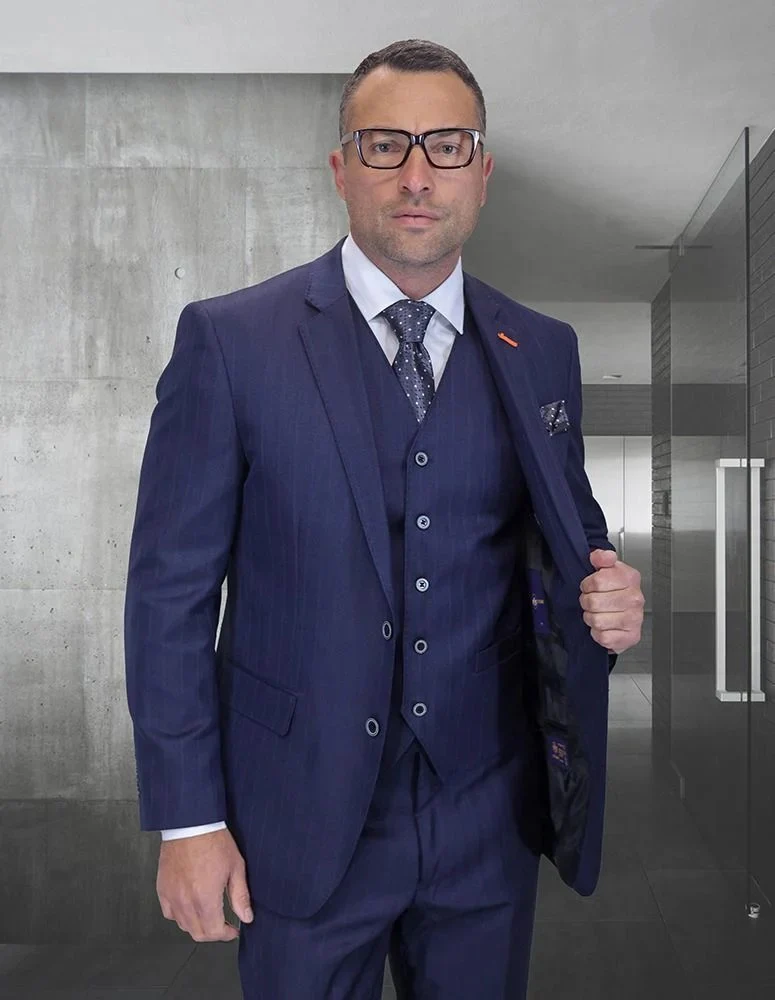 Statement Men's 3-Piece Fashion Suit – 100% Wool with Herringbone Stripe Pattern - Image 2