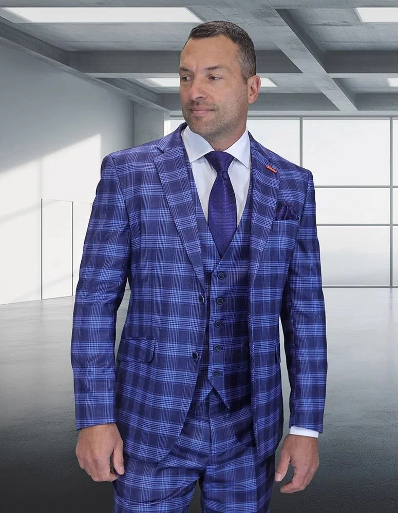 Statement Men's 3-Piece Modern Fit Suit – 100% Wool with Bold Plaid Pattern - Image 3