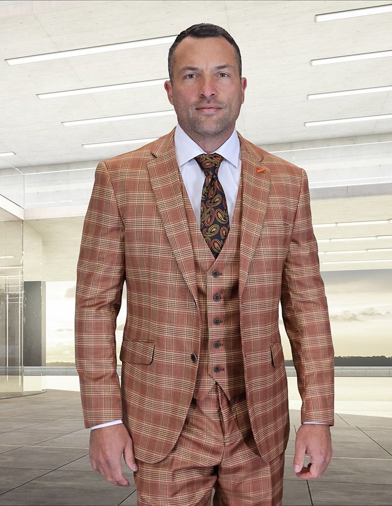 Statement Men's 3-Piece Modern Fit Suit – 100% Wool with Refined Plaid Pattern