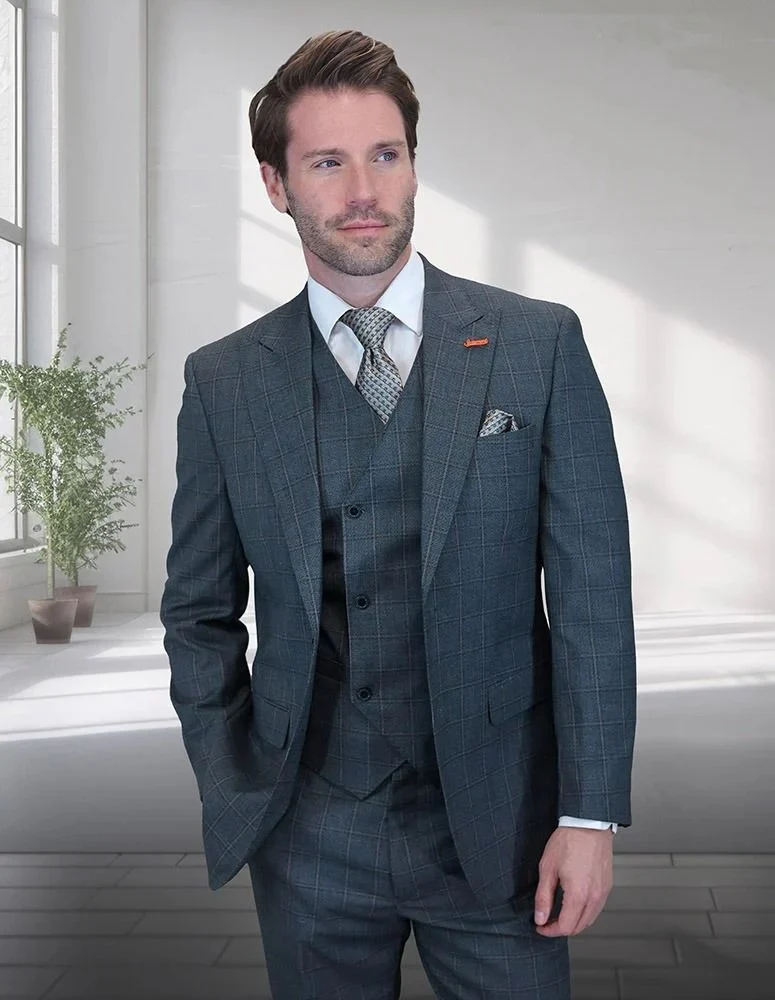 Statement Men's 3-Piece Modern Fit Suit – 100% Wool with V-Neck Double-Breasted Waistcoat