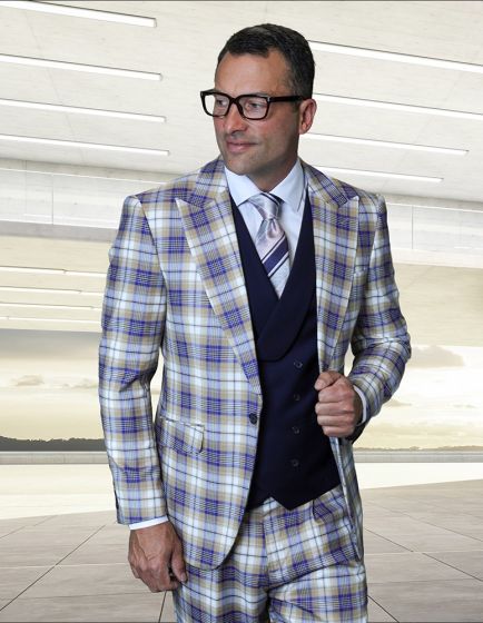 Statement Men's 3 Piece Plaid 100% Wool Modern Fit Suit - Double Breasted Vest