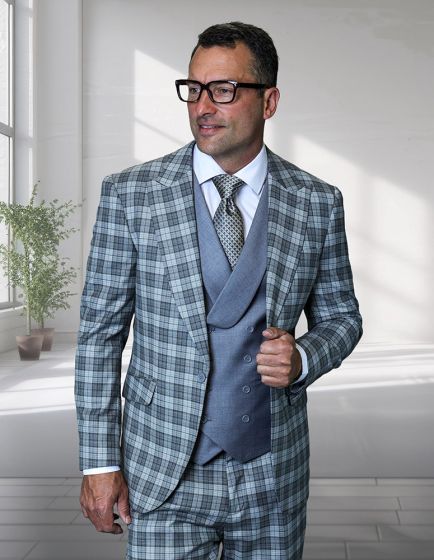 Statement Men's 3 Piece Plaid 100% Wool Modern Fit Suit - Double Breasted Vest - Image 10