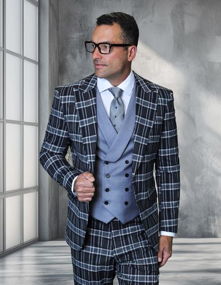 Statement Men's 3 Piece Plaid 100% Wool Modern Fit Suit - Double Breasted Vest - Image 11