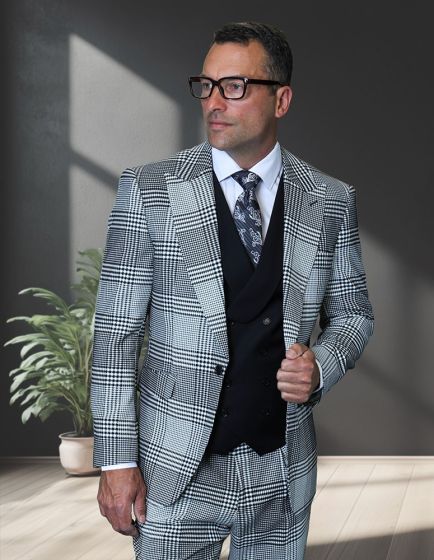 Statement Men's 3 Piece Plaid 100% Wool Modern Fit Suit - Double Breasted Vest - Image 12