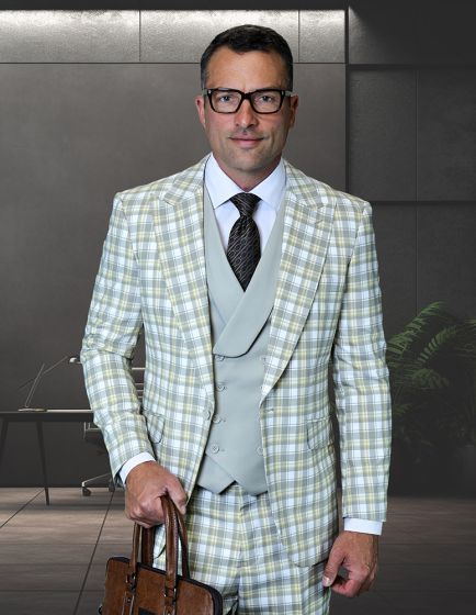 Statement Men's 3 Piece Plaid 100% Wool Modern Fit Suit - Double Breasted Vest - Image 2