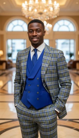 Statement Men's 3 Piece Plaid 100% Wool Modern Fit Suit - Double Breasted Vest - Image 3