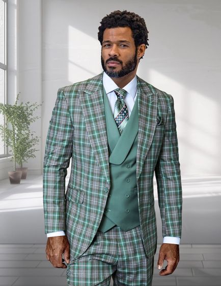 Statement Men's 3 Piece Plaid 100% Wool Modern Fit Suit - Double Breasted Vest - Image 4