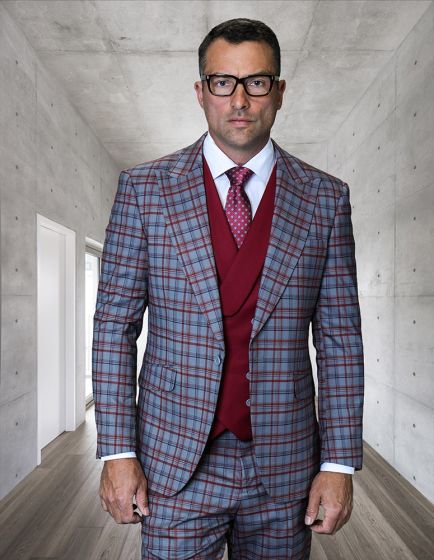 Statement Men's 3 Piece Plaid 100% Wool Modern Fit Suit - Double Breasted Vest - Image 5
