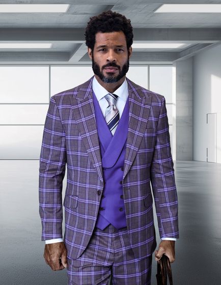 Statement Men's 3 Piece Plaid 100% Wool Modern Fit Suit - Double Breasted Vest - Image 6