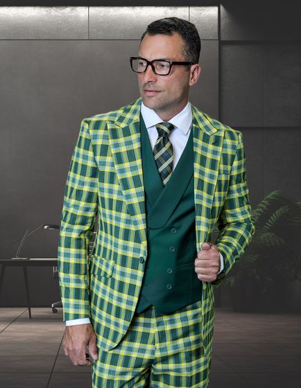 Statement Men's 3 Piece Plaid 100% Wool Modern Fit Suit - Double Breasted Vest - Image 7