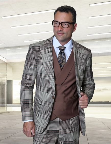 Statement Men's 3 Piece Plaid 100% Wool Modern Fit Suit - Double Breasted Vest - Image 8