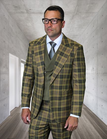 Statement Men's 3 Piece Plaid 100% Wool Modern Fit Suit - Wide Peak Lapel - Image 2