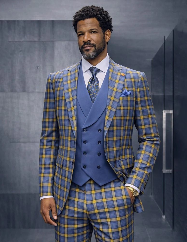 Statement Mens Modern Fit 3 Piece 100% Super 200s Wool Windowpane Plaid Suit – Double Breasted Vest